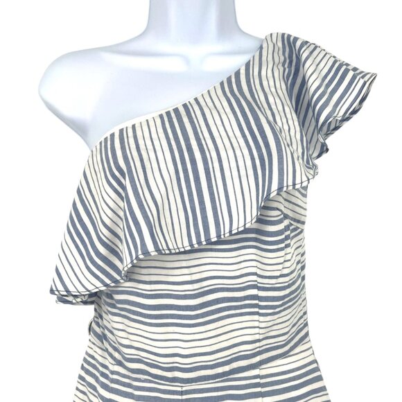 BB Dakota One-Shoulder Striped Ruffle Romper White Blue Size 2 - Picture 2 of 12